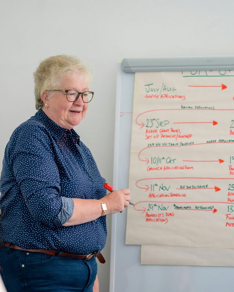 An older woman leading a training session with a flipchart